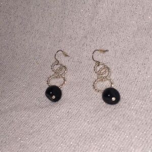 Black polished bead 3 silver hoop drop earrings